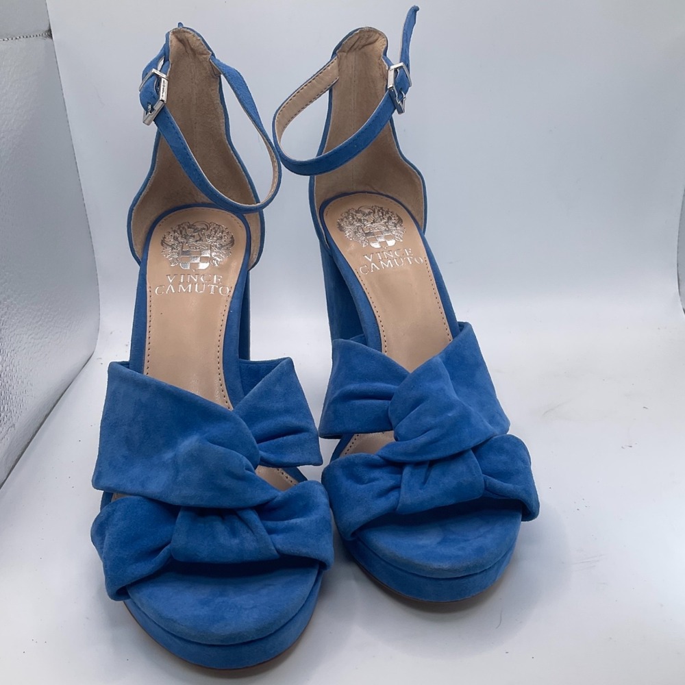 Vince Camuto Corlesta Blue Suede Knotted Dress Sandals Ankle Strap Heels 6.5 New - Picture 14 of 14